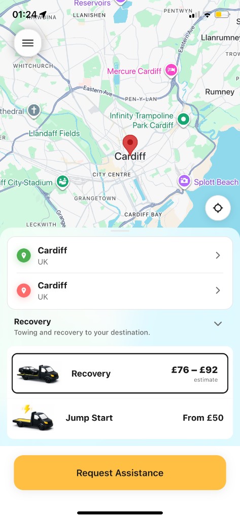Rekovr app — request assistance screen